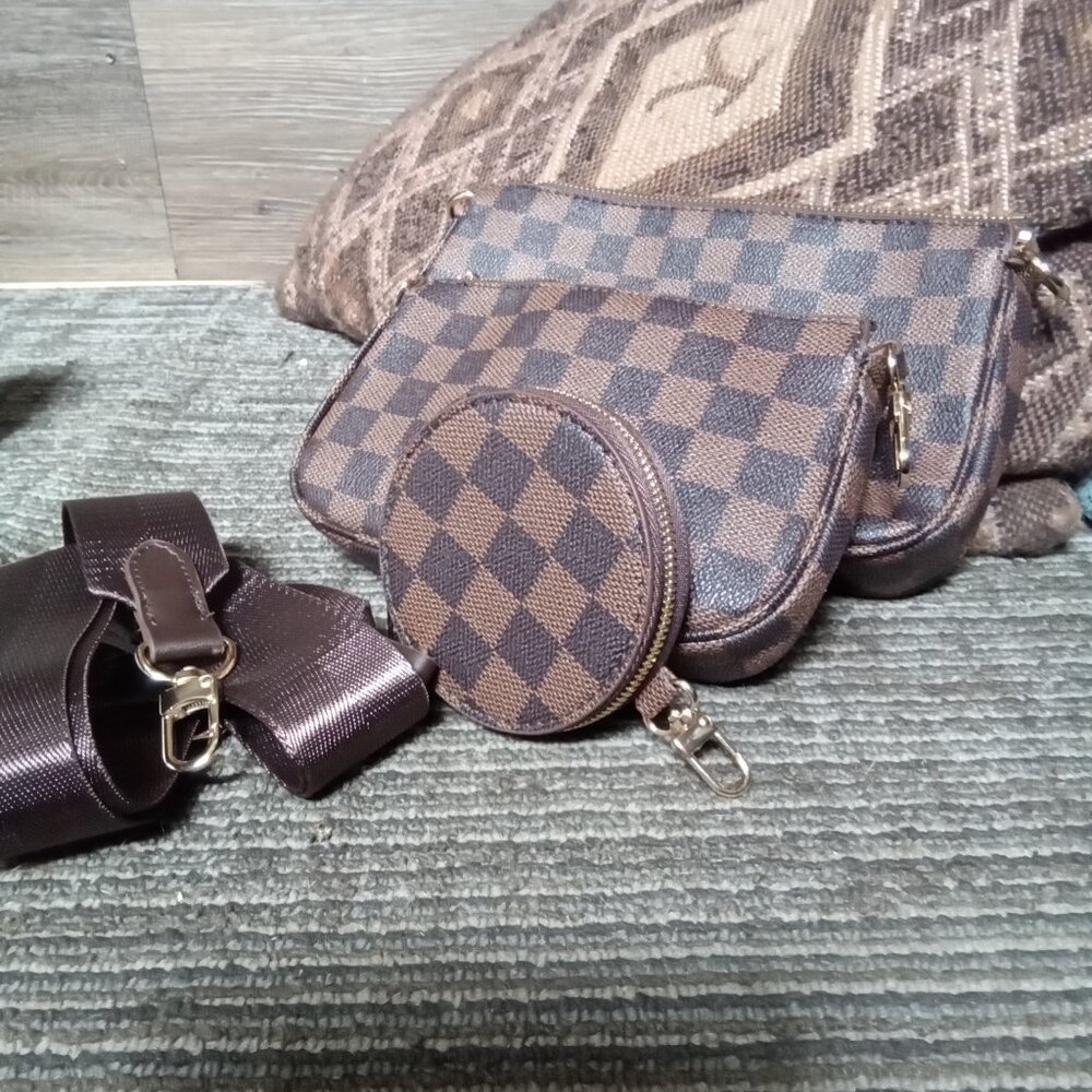 Luxury 3 piece purse set with crossover and gold strap
